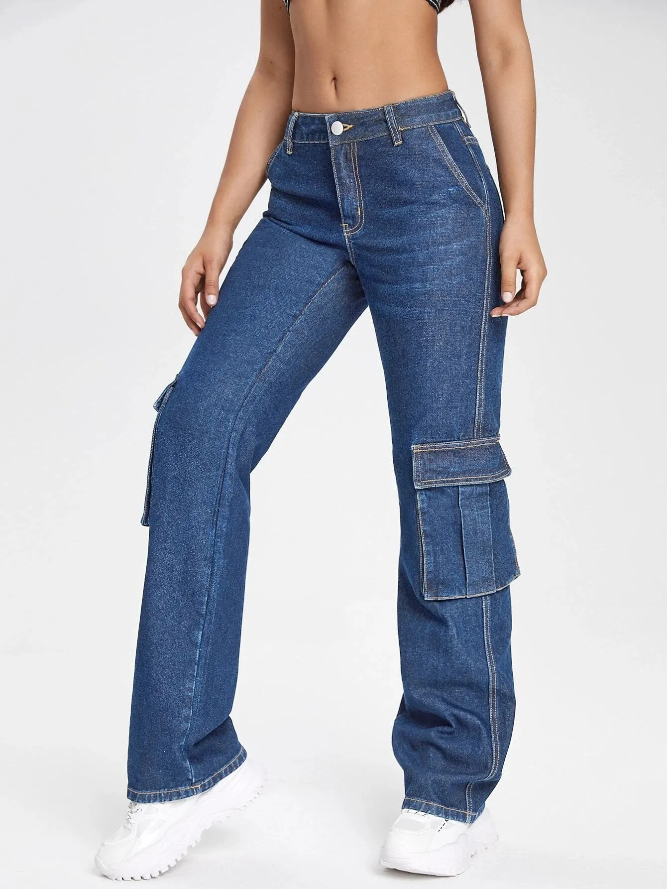 Zipper Fly Regular Fit Denim Cargo Jeans